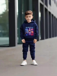 Boys Girls Two-Piece Velvet Hooded Sweatshirt Children’s Fashion Printed Sports Style Digital Printing Loose Fit for Winter