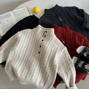 Boys Half-High Collar Zip-Up Sweater Winter New Style Children’s Cable Knit Sweater