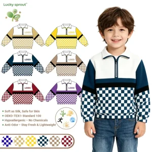 Boys Half Zip Checkerboard Sweatshirt Hypoallergenic Color Block Pullover Kid Safe Fabric Kids’ Hoodies