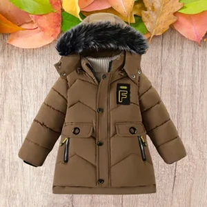 Boys Jacket Winter Jacket Hooded Mid-Length Thick Plus Fleece Large Fur Collar Baby Puffer Quilted Jacket