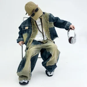 Boy’s Korean-style Solid Color Cowboy Denim Suit Spring Autumn Big Children’s Fashion Stitching Fur Edge Jacket