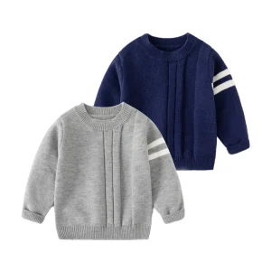 Boys’ Long Sleeve Base Knit Sweater Two-Stripe Crew Neck Pullover for Spring Autumn Winter Ready Children’s Knitted