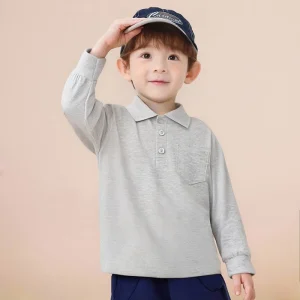 Boys Long Sleeve Polo Shirt Autumn Cotton Kids Lapel Top with Pocket Casual Children’s Clothing