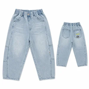 Boys Loose Fit Wide Leg Denim Pants Elastic Waist Breathable Light Wash Kids Baggy Jeans Casual Trousers Side Pocket Logo
