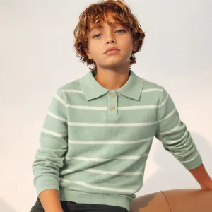 Boys Mint Green Striped Knitted Sweater for Collar Pullover Cotton Soft Eco Friendly Breathable Casual Spring Autumn Winter