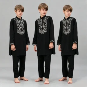 Boys Muslim Islamic Embroidered 2 Piece Set Thobe Kids Arabic Kaftan Ramadan Eid Prayer Traditional Middle East Clothing