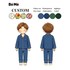 Boys Navy Blue Cotton Pajama Set Long Sleeve Button Down Sleepwear Kids Piping Trim Nightwear Custom Logo