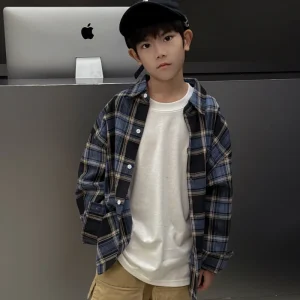 Boys’ Plaid Long Sleeve Cotton Shirt Casual Leisure Style Spring Autumn Checkered Pattern Softened Treatment