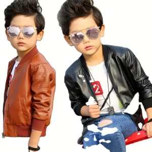 Boy’s Plus Autumn Winter Jacket Velvet Padded Solid Color Thick Coats Kids Outdoor PU Leather Jackets