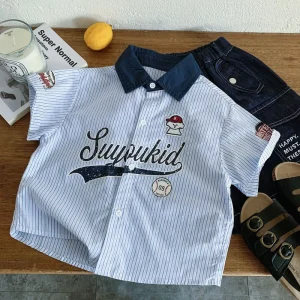 Boys Polo Shirt Striped Cartoon Embroidery Short Sleeve Cotton Shirts Summer Breathable Casual Button Down Shirts for Kids Boys