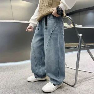 Boys Printed Denim Jeans Spring/Autumn Loose Long Pleated Trousers Children’s Pants Older Kids Trendy