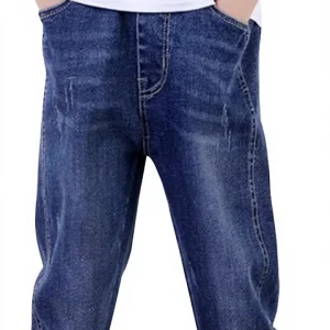 Boys Printed Straight Denim Jeans Solid Polyester/Cotton Breathable Casual Trousers Elastic Waistband Full Length