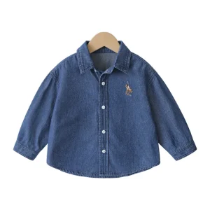 Boys Pure Cotton Denim Korean Style Solid Color Long-sleeve Turn-down Collar Spring Autumn Children’s Shirt Baby Toddler