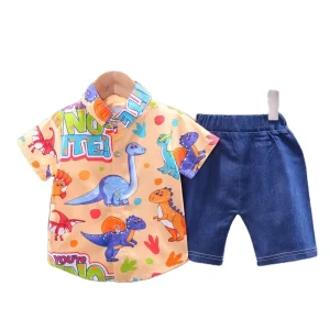 Boys’ Shirt Short Sleeve Children’s Wear 1-4-Year-Old Gentleman Cartoon Letter Dinosaur Two-Piece Set