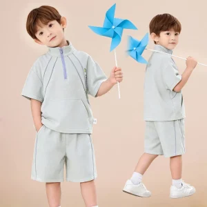 Boys Short Sleeve Tracksuit Stand Collar Half Zip Kids Casual Two Piece Set Breathable Waffle Fabric