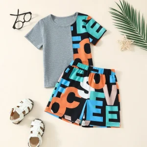 Boys’ Short-Sleeved T-Shirt with Spliced Letter Print Casual Shorts Two-Piece Set Boys Clothing Set