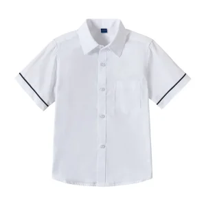 Boys’ Short Sleeved White Shirt with Black Border Pockets and Half Sleeves Labeled with Cotton