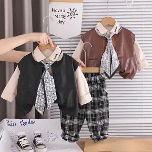 Boys’ Spring 3-Piece Set Fashion Kids Vest Outfits Long Sleeve Casual Party Wear Clothing for Boys
