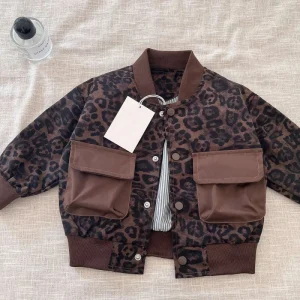 Boys Spring Autumn New Retro Children Leopard Print Thickened Zip Up Mid Length Baseball Jacket Korean Style