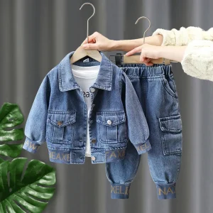 Boys Spring Autumn Two Piece Denim Set Letter Cuff Lapel Jacket Cargo Jogger Pants Casual Kids Outfit