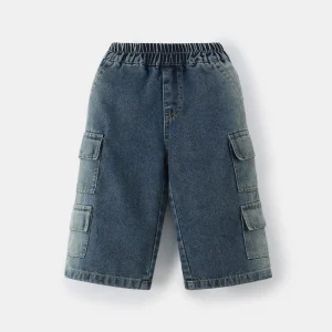 Boys Spring Fall Denim Long Pants Gradient Faded Wash Wide Leg with Side Cargo Pockets Casual Comfort Jeans for Daily Wear