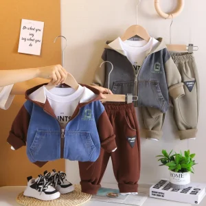Boys Spring and Autumn Children’s Casual Solid Hooded Jacket t Shirt and Pants 3 Pieces Sets