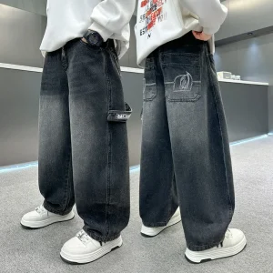 Boys’ Spring and Autumn New Children’s Jeans for Older Boys Loose Trousers PU Coated Digital Printing Trendy
