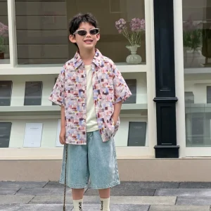 Boys’ Summer 100% Cotton Short sleeved Shirt Lapel Collar Korean Style Floral Children’s Clothing