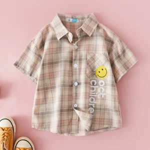 Boys Summer Breathable Cotton Twill Kids Shirt Plaid Short sleeve Blouse with Cartoon Smile Print Casual Top