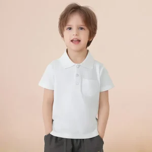 Boys Summer Casual Breathable Short Sleeve Polo Shirts White & Light Blue Jersey Turn down Collar with Pocket Design for Kids