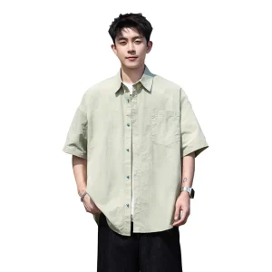 Boys Summer Casual Half Sleeved Japanese Style Shirt Solid Color Fresh and Artistic Design for Youth