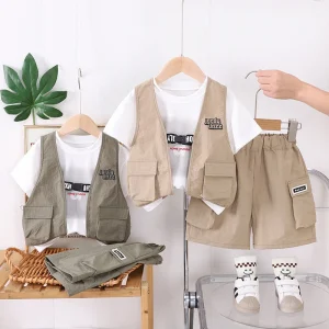 Boys Summer Cotton Letter Pattern Three Piece Vest and Shorts Set for Baby Toddler Leisure Wear