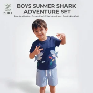 Boys Summer Crew neck Short sleeve Cotton T shirt Shorts European American Style Cute Animal Cartoon Shark print