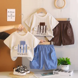 Boys’ Summer Outfit Cartoon Solid Color Short Sleeve 2-Piece Set Summer Clothes for Baby Boys 1-5 Years Old