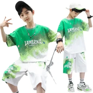 Boys Summer Short sleeved Letter Sports Suit New Mid large Children’s Polyester Lightweight Fresh Breathable Quick drying
