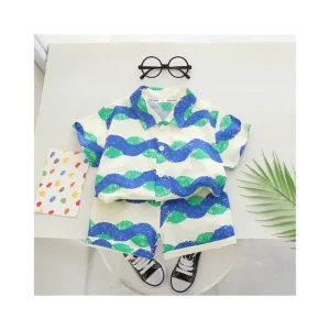 Boys Summer Short-sleeved Round Neck Printed T-shirt and Bib Shorts 2 Sets of Daily Clothes for Children