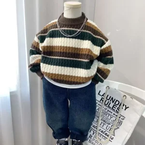 Boys’ Sweater Autumn Winter Children’s Knitted Casual Long Sleeve Mid-Size Stylish Striped Top