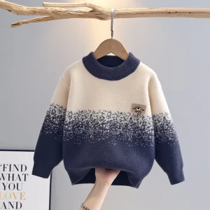 Boys Sweater Autumn Winter Color Block Gradient Thickened Knit Polyester Softened Top for Older Children