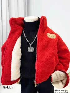 Boys’ Thick Fleece Jacket Stylish Cartoon Fleece Lined Cotton Coat for Children Warm Cotton Jacket