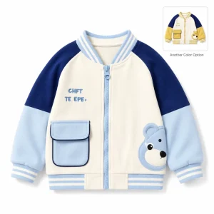 Boys Varsity Jacket Cute Bear Patch Color Block Zip Up Kids Baseball Coat Spring Autumn Casual Sportswear OEM ODM