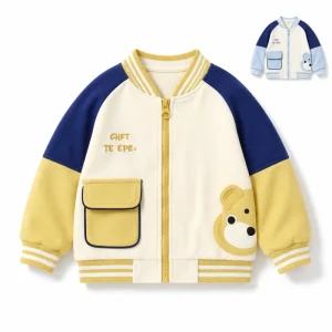 Boys Varsity Jacket Cute Bear Patch Color Block Zip Up Kids Baseball Coat Spring Autumn Casual Sportswear OEM ODM