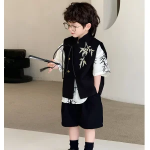 Boys’ Waistcoat Summer Stand Collar Jacket for Fan Korean style Solid Color Polyester Fiber Children’s Suit Generation