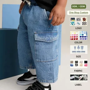 Boys Wide Leg Pull on Cargo Jeans Toddler Baby 100% Cotton Baggy Denim Pants with Pockets
