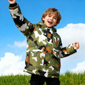 Boys’ Winter Long Camouflage Garment Dyed 100% Polyester Hooded Zipper Closure Padded Jacket