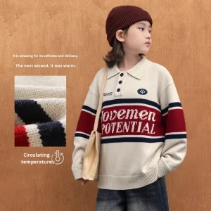 Boys Winter Sweater New 100% Cotton O Neck Button Pullover Anti-pilling Big Kids’ Clothing Letter Pattern Computer Knit