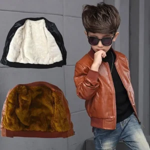 Boys’ Winter Thickened Fleece Lined PU Leather Jacket Warm Kids’ Coat Windproof Outerwear for Children