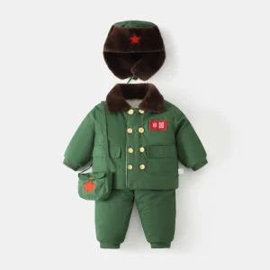Boys Winter Warm 4 Piece Outfit Set Army Green Chinese Style Quilted Thick Coat Casual Warm Complete Clothing Set