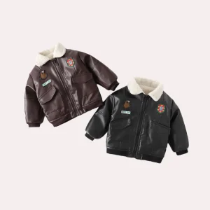 Boys Winter Warm Bomber Jacket Fleece Fur Collar & Lapel Design Thick Windproof Outerwear for Toddler & Little Kids
