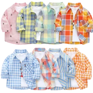 Boys and Girls Spring Autumn Baby Cotton Striped Long sleeved Coat Kids Plaid Dress Shirt for Children