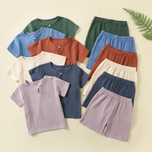 Boys and babies short sleeved summer set children’s cotton and linen button short sleeved T-shirt shorts thin two-piece set